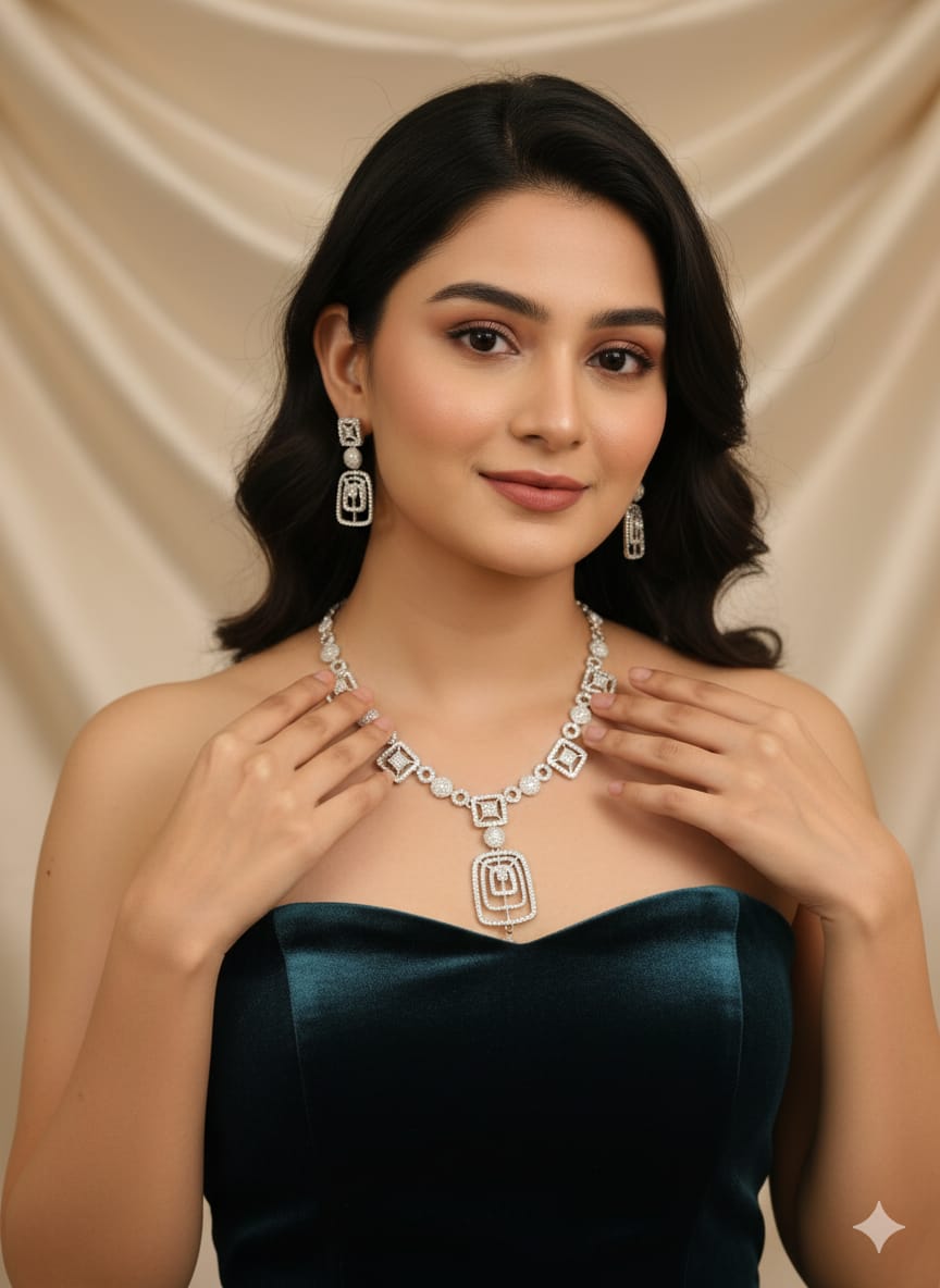 American Diamond Premium Quality Sleek Necklace With Earrings